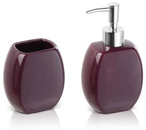 Set accessori bagno da appoggio dispenser e porta spazzolini in ceramica viola
