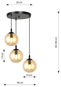 Sospensione 3 Luci Kali In Acciaio Nero Base Tonda E Sfere In Vetro Ambra