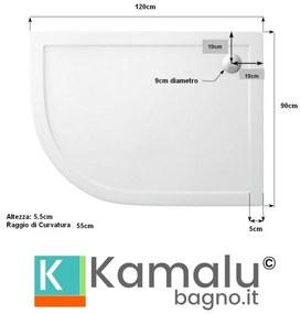 Kamalu - piatto doccia 120x90 semicircolare versione sinistra kam-1200