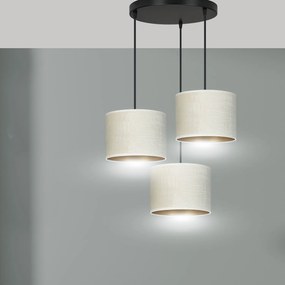 Lampadario Tondo 3 Luci Ganesha In Acciaio Nero E Paralumi In Tessuto Beige