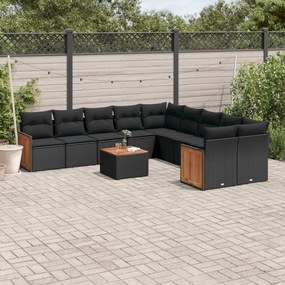 Set divani da giardino 11 pz con cuscini in polyrattan nero