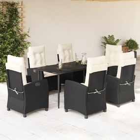 Set da pranzo da giardino 7 pz nero con cuscini in polyrattan