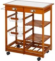 Carrello da Cucina Multiuso in Legno di Pino con 4 Ruote e Cassetti Marrone Chiaro 74x37x75 cm