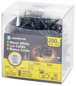 Aigostar -Catena LED natalizia da esterno 200xLED/8 funzioni 3xAA 10,3m IP44 bianco caldo