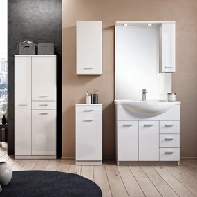 Mobile Bagno a Terra 85 Cm Due Ante Tre Cassetti Specchio Con Pensile e Fari Led 81x104 Cm Savini "Classica" Bianco Lucido