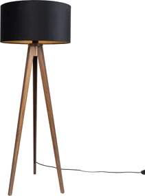Lampada da terra in legno di noce con paralume nero con interno dorato 50 cm - Tripod Classic