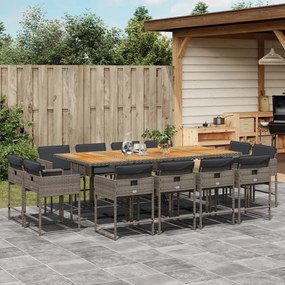 Set da pranzo da giardino 13pz con cuscini grigio in polyrattan