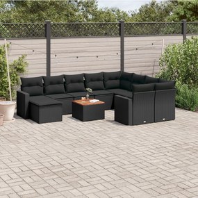 Set divani da giardino 11 pz con cuscini in polyrattan nero