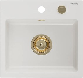 Mexen Milo lavello in granito a 1 vasca 435 x 410 mm, bianco, sifone dorato - 6505441000-20-G
