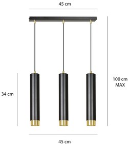 Lampadario 3 Luci Brunilde In Acciaio Nero E Tubolari In Nero E Oro