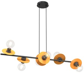 Lampadario 6 Luci Token In Acciaio Nero E Arancio Con Barra E Diffusori A Piatti