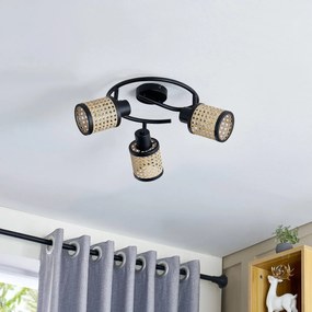 Lindby fatto Yaelle, Ø 30 cm, a 3 luci, rattan, nero, E27 Yaelle Lindby, dimmerabile, Legno chiaro, Soggiorno / Sala da pranzo, Legno, Scandinavo, Faretto