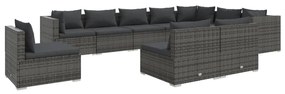 Set Divani da Giardino 10 pz con Cuscini in Polyrattan Grigio