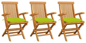 Sedie giardino con cuscini verde chiaro 3pz legno massello teak