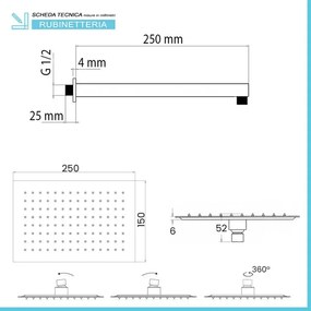 Kit doccia braccio 25 cm e soffione rettangolare 25x15 cm cromato lucido