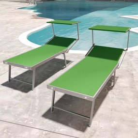 Coppia Di Lettini Verde Prendisole Pieghevole Professionale In Alluminio Tettuccio Orientabile Tettino Parasole Sdraio Lettino Prendi Sole Mare Spiaggia Piscina Giardino 182 x 60 x 38 cm