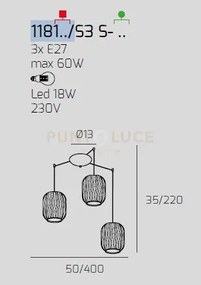 Sospensione ottone satinato 3 luci spostabile vetri tr + 2x bf 1181...