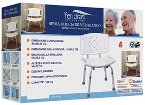 Sedia doccia bianca con schienale regolabile in altezza e piedi antiscivolo