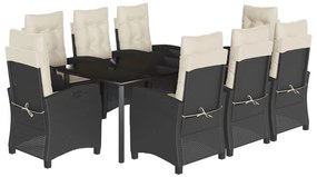 Set da pranzo da giardino 9 pz con cuscini nero in polyrattan