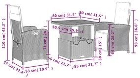 Set da Pranzo da Giardino 3 pz con Cuscini Nero in Polyrattan