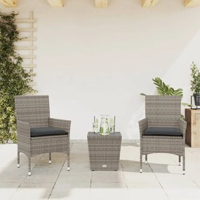 Set Da Bistrò 3 Pz Con Cuscini Grigio Polyrattan E Vetro /