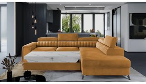 Divano angolare giallo allungabile/con contenitore (con penisola a destra/a L) e rivestimento in velluto Laurence – ELTAP