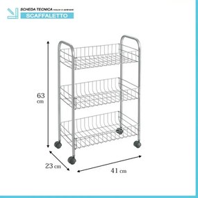 Carrello con ruote e 3 ripiani in acciaio con Polytherm argento Lugano