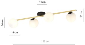 Plafoniera Contemporanea 4 Luci Eracle In Acciaio Oro/Nero E Sfere Vetro Bianco