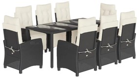Set da pranzo da giardino 9 pz con cuscini nero in polyrattan