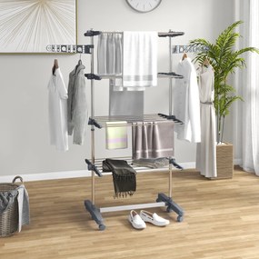 Stendino Verticale 4 Ripiani Regolabili 142x55x172 cm in Acciaio e Plastica Grigio e Argento...