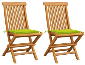 Sedie giardino e cuscini verde brillante 2 pz massello di teak