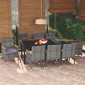 Set pranzo da giardino 9 pz con cuscini in polyrattan grigio