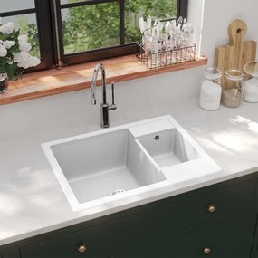 Lavello Da Cucina Doppio Con Foro Troppopieno Bianco İn Granito /
