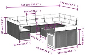 Set divani da giardino 13pz con cuscini nero in polyrattan