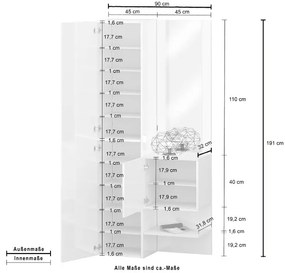 Set Ingresso Moderno KOMPACT 2 Pezzi – 90x35x191 cm, Specchio e 10 Ripiani
