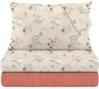 Completo letto matrimoniale fiori beige cotone Meredith