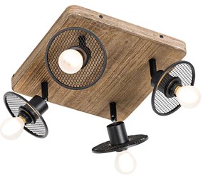 Faretto da soffitto industriale nero con legno 4 luci - Jasmine