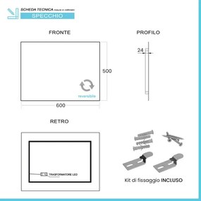 Specchio bagno 50x60 cm illuminazione perimetrale e installazione reversibile