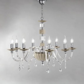 Lampadario sospeso LIVIA D85 cm in vetro e cristallo Tortora 8 luci