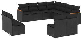 Set divani da giardino 11 pz con cuscini in polyrattan nero