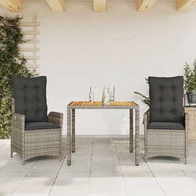 Set Da Pranzo Da Giardino 3 Pz Con Cuscini İn Polyrattan Grigio /