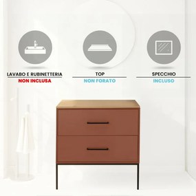 Mobile bagno sospeso 80cm terracotta con due cassetti e specchio Brik