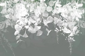 Carta da parati – Foglie Verde-Grigio con Colibrì