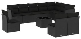 Set divani da giardino 11 pz con cuscini in polyrattan nero