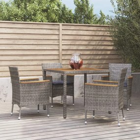 Set da pranzo da giardino 5 pz con cuscini in polyrattan grigio