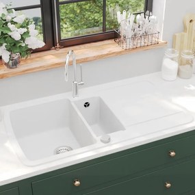 Lavello Da Cucina İn Granito Vasca Doppia Bianco /