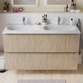 Mobile bagno sospeso Neo Groove L 121 x H 68 x P 49 cm, 2 cassetti con maniglia cromo, lavabo in resina con vasca centrale Icone incluso, rovere naturale cannettato