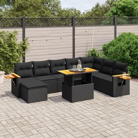 Set divani da giardino 9 pz con cuscini nero in polyrattan