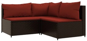 Set Mobili da Giardino 3 pz con Cuscini in Polyrattan Marrone