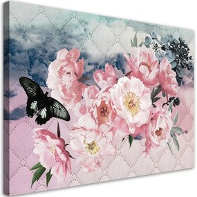 Quadro su tela, Fiori rosa e una farfalla nera  Dimensioni 60x40